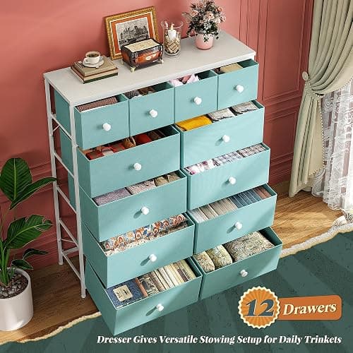 Romorgniz Dresser for Bedroom Tall Dresser with 12 Drawers Fabric Dressers & Chests of Drawers, Bedroom Dresser with Metal Frame, Wood Top, Entryway Living Room, Turquoise 11.81"D x 38.97"W x 40.15"H thumbnail 4