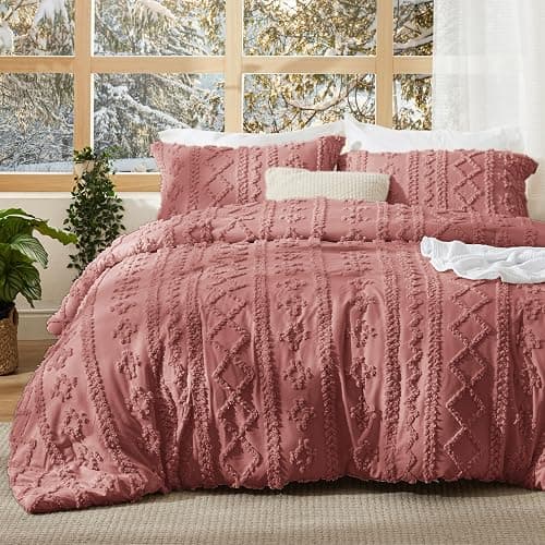 Bedsure Tufted Boho Comforter Set Queen Size - Grayish Pink Boho Bed Set, GentleSoft™ 3 Pieces Farmhouse Shabby Chic Embroidery Bedding, Gifts for Woman, Soft Jacquard Queen Comforter for All Seasons - Image 1