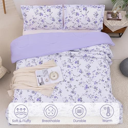 Mooreeke Floral Queen Size Comforter Sets, Lightweight Purple Lavender Botanical Printed Bedding for All Seasons, 3-Piece Vintage Bed in a Bag with Fluffy Quilted Reversible Comforter & 2 Pillow Shams thumbnail 2