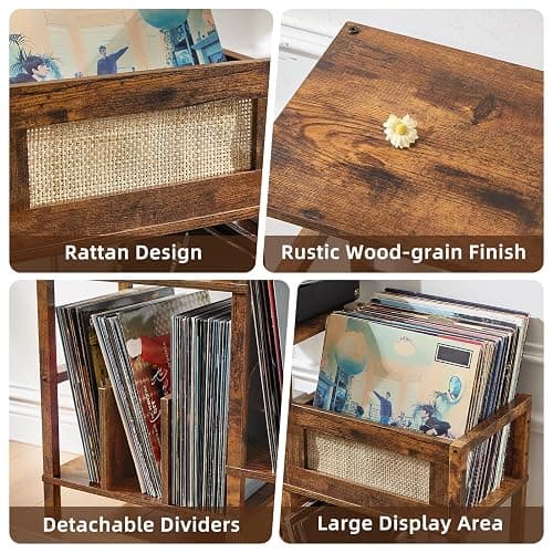 LELELINKY Record Player Stand, Vintage Brown Wood Record Holder with Vinyl Storage Holds up to 300+ Albums, 3-Tier Rattan Media Table with Vinyl Display Shelf, Record Storage Cabinet for Living Room thumbnail 3
