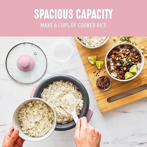 GreenLife Rice Cooker with Removable PFAS-Free Ceramic Nonstick Pot, 3-Cups Uncooked/6-Cups Cooked, Grains & Oatmeal Multicooker, Compact One-Switch Design, Auto Keep Warm, Easy Clean, Pink thumbnail 6