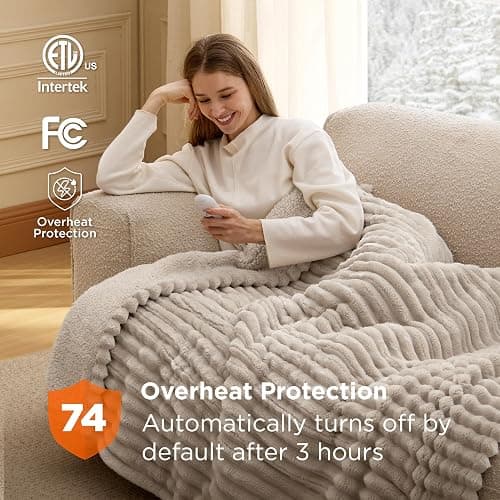 Bedsure Heated Blanket Electric Throw - Thick Striped Flannel Electric Blanket, Heating with 4 Time Settings, 6 Heat Settings, and 3-Hour Timer Auto Shut Off, Gift for Grandma (50x60 inches, Linen) thumbnail 5