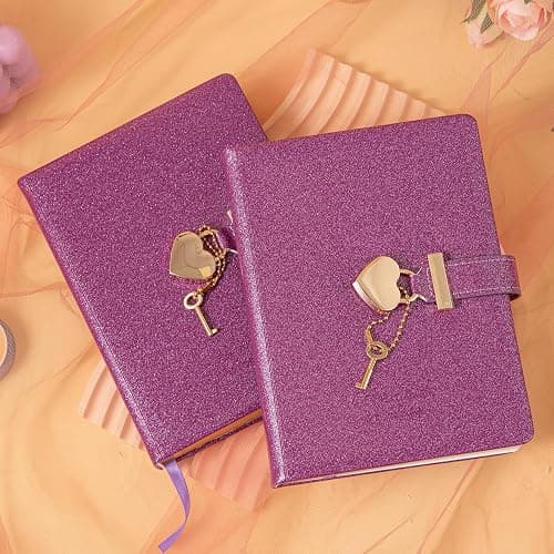 TIEFOSSI Diario con chiusura a cuore con chiave, diario in pelle PU glitterata viola B6 per scrivere, 144 fogli di carta a righe, regalo per ragazze e donne thumbnail 7