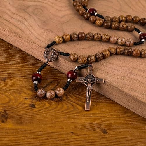 Nazareth Store Classic 10mm Solid Wood Rosary Beads Necklace for Men Olive & Dark Red Wooden Strong Rugged Corded Catholic Rosary with St.Benedict Medal & Cross Crucifix thumbnail 3