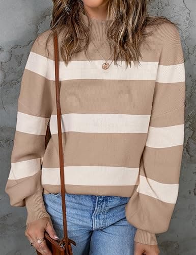 ZESICA Women's 2025 Fall Fashion Turtleneck Long Sleeve Striped Ribbed Knit Loose Pullover Sweater Tops thumbnail 3