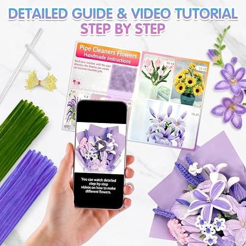 LINAYE 500 PCS Pipe Cleaners Craft, 6 Colors Pipe Cleaners Flowers Kit, Chenille Stems for Crafts with Instruction Wrapping Paper, Flower Stamens, Stems Art and Craft Supplies Purple thumbnail 7