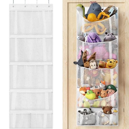 Simple Houseware Over the Door Stuffed Animal Storage Organizer, Hanging Toy Holder with 6 Mesh Pockets for Kids Room, White - Image 1