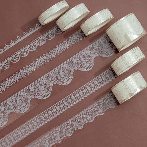 Songdao 6 Rolls Lace Patterns PET Tapes Floral Arts Decorative Tape Set Adhesive Transparent Masking Tapes for DIY Craft, Kids, Scrapbook, DIY, Gift Wrapping, Journal (Pure White) thumbnail 2