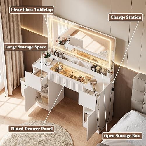 INNOD 44" Vanity Desk with Large Mirror and Lights, Modern Glass Top Makeup Vanity Set with Power Outlet, 3 Drawers and 2 Cabinet, 3 Lighting Color Adjustable Dressing Table for Bedroom,Pure White thumbnail 6