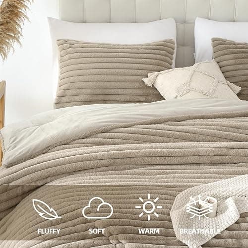 Smoofy Fluffy King Size Comforter Set 3 Pieces - Linen Fleece Fluffy Comforter Set, Luxury Fuzzy King Bedding Set, Soft King Bed Set All Season, Heavy Faux Fur Comforter with 2 Pillow Cases thumbnail 2
