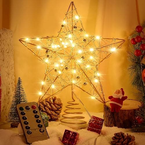 Verdenu Christmas Tree Topper, 40 Light Tree Topper Star, Christmas Tree Topper Lighted, Prolong Wire Gold Star Tree Topper with Remote Control for Christmas Decorations, Holiday, Vacation, New Year - Gold - Image 1