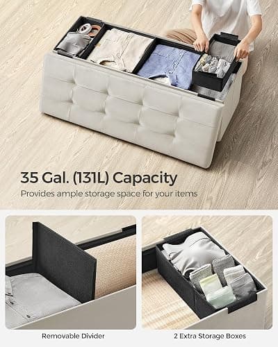 SONGMICS Mazie Collection - Storage Ottoman Bench, Foldable Foot Rest, 15 x 43 x 15 Inches, End of Bed Bench, Storage Chest, Load 660 lb, Living Room, Bedroom, Entryway, Cream White ULSF277W01 thumbnail 5