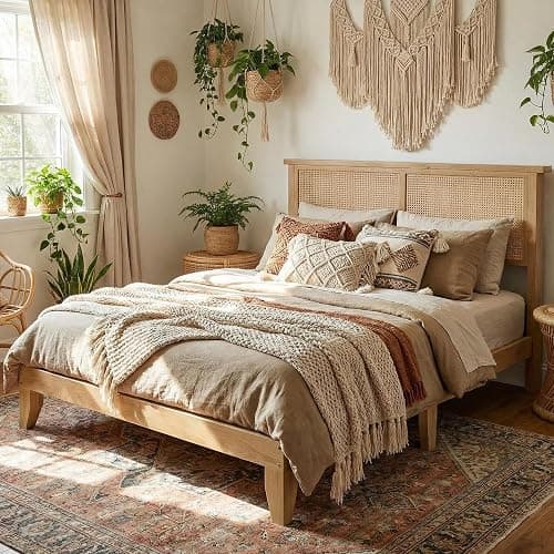 GAOMON Full Rattan Bed Frame with Natural Rattan Headboard, Full Size Platform Bed Frame with LED Lights, Mattress Foundation, Noise-Free, No Box Spring Needed - Image 1