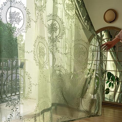 LOHUT Sage Green Lace Curtains Set of 2, Sheer Floral Panels 63 Inch Length, Vintage Boho Window Treatment with Ruffled Edge for Bedroom Living Room, Rod Pocket, W52 x L63 thumbnail 9