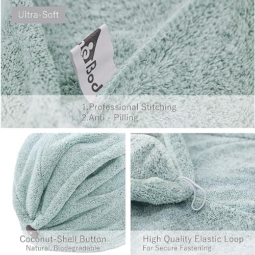 myHomeBody Hair Towel Wrap, Luxury Quick Drying Turban, Ultra Soft Absorbent Charcoal Fiber Cap, with Coconut Shell Button – Pine Green thumbnail 5