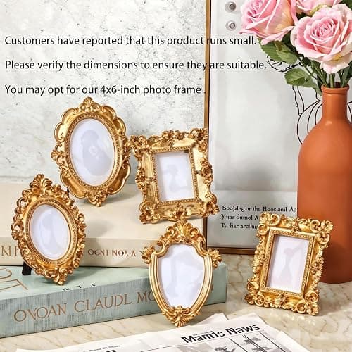 mozhixue 5 Pcs Mini Gold Frames - Small Gold Vintage Flower Oval Rectangle Baroque Frames Table Top Frame for Christmas Holiday Party Decor thumbnail 5