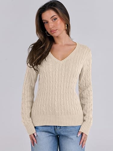 ANRABESS Womens Long Sleeve Cable Knit Sweater 2025 Fall Fashion V Neck Fitted Pullover Top Business Casual Work Fall Outfits thumbnail 3