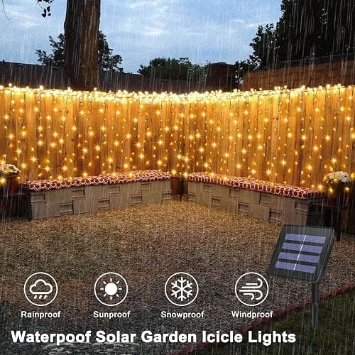 CCILAND Solar Curtain Lights Outdoor 4M x 1M 200 LED Curtain Lights Green Wire Waterproof Curtain String Lights for Garden Patio Gazebo Fence Wedding Party Decoration - Warm White thumbnail 5