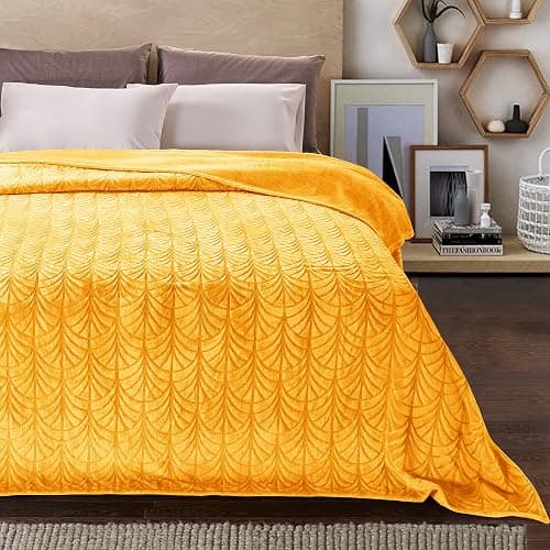 Whale Flotilla Flannel Fleece King Size Blanket for Bed, Soft Fluffy Velvet Bedspread Coverlet with Decorative Vintage Pattern for All Season, Warm and Lightweight, 90x104 Inch, Lemon Yellow thumbnail 10
