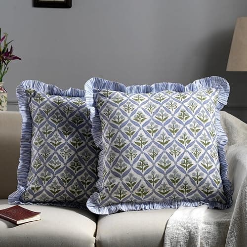 Ridhi Light Steel Blue Floral Block Print Throw Pillow Covers 18 x 18 Inch | Set of 2 100% Cotton Cushion Covers with Ruffle Edge, Zipper closure,Farmhouse Boho Decor for Sofa,Couch, Bed & Living Room thumbnail 2