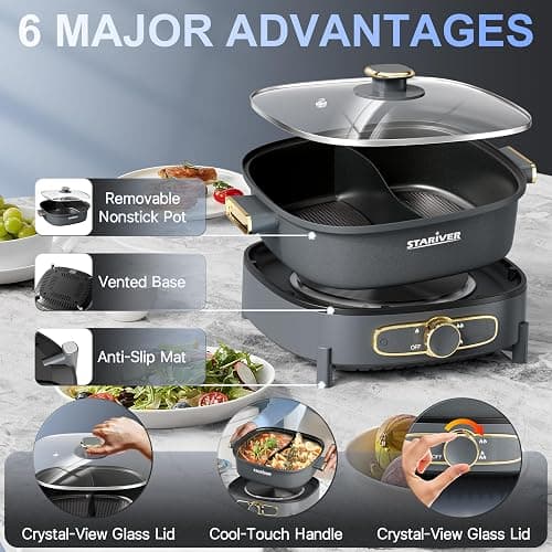 Stariver Hot Pot Electric with Divider, Large 6L Nonstick Double-Flavor Electric Shabu Shabu Pot, 1500W Hotpot with 3 Power Settings, Perfect for Family Dinners & Parties thumbnail 4