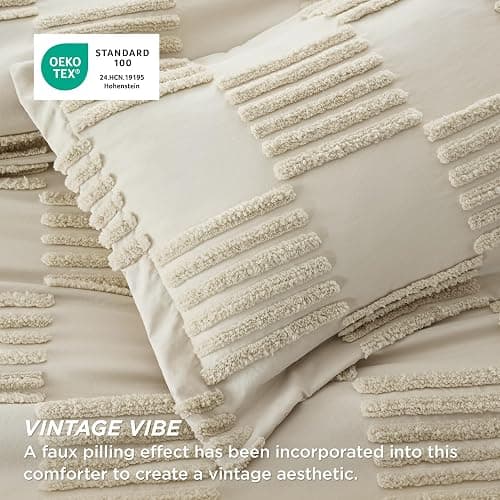 Bedsure King Size Comforter Set Linen, Boho Tufted Bed Set, Grande Checkered Farmhouse Shabby Chic Bedding, 3 Pieces, 1 Plaid Geometric Comforter and 2 Pillow Shams thumbnail 5