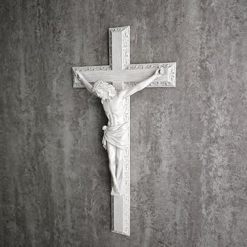 BC Catholic Crucifix Wall Cross, 12" H Jesus Christ Wall Decor for Elegant Modern Home, Devout Gift for Easter, Religious Gifts Home Decor, Grey White Stone Finish, Hand Painted by Buildclassic thumbnail 4