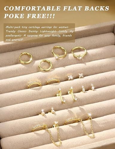 Dochais Hypoallergenic Flatback Stud Hoop 14K Gold Plated Earrings Stacks - Surgical Stainless Steel Earring Set Chain Cartilage Earrings - Small Ear Piercing Flat Back Earring for Women Trendy thumbnail 7