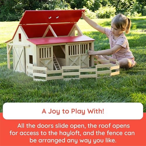 Fat Brain Toys Rustic Ridge Stable, Wooden Horse Pretend Playset with 2 Stalls and Fence, Imaginative Farm Play for Preschoolers, Kids Ages 3+ thumbnail 3