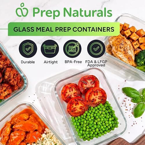 PrepNaturals 5 Pack 30oz Glass Meal Prep Containers - 1 Compartment | Borosilicate Glass Meal Prep Containers - Airtight Leak-Resistant Lids, Microwave, Oven & Freezer Safe (5-Pack, 30 oz) thumbnail 4