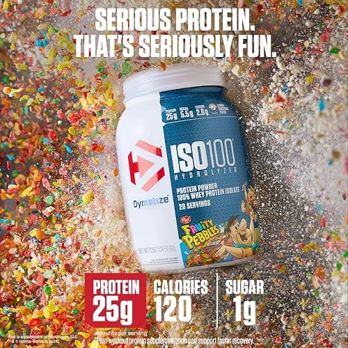 Dymatize x Fruity Pebbles ISO100 Whey Protein Powder Isolate, 25g of Protein, 5.5g BCAAs, 120 Cal., Gluten Free, 1g Fat, 1g Sugar, 2g Carb (20 Servings) thumbnail 3