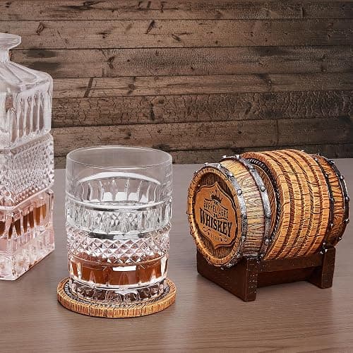 Cabin Obsession Whiskey Barrel Coaster Set – Handcrafted Whiskey Barrel Decor for Whiskey Lovers and Man Cave Gifts for Men - 6 Full Size Whiskey Coasters with Barrel Style Holder for Man Cave Décor thumbnail 2