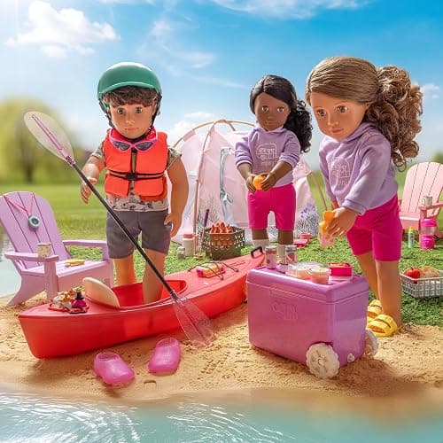 Our Generation Doll Tent Playset, Camping Nights, 18-Inch Camping Toy | Pink camping tent with floral print, 13 assembly pieces, marshmallows, roasting stick, cards for pretend play, 3+ Years thumbnail 4