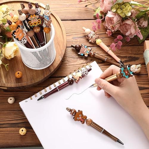 Geyee 12 Set Beadable Pens Assorted Bead Pens Wood Crystal Round Spacer Set Black Ink DIY Ballpoint for Women Men Gift Office Supplies(Multicolor,Cow) thumbnail 7