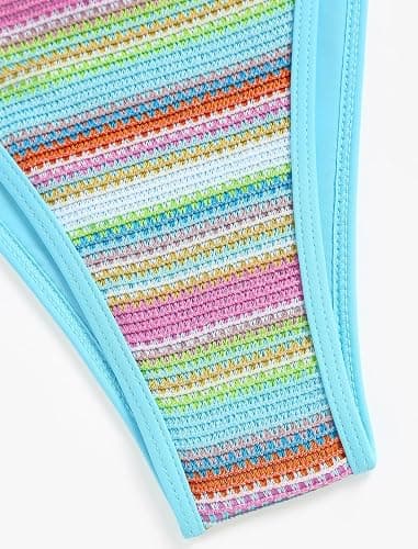 ZAFUL Women's Colorblock Stripes Triangle Halter Tied Cheeky Thong Bikini Set High Cut Two Piece Bathing Suit thumbnail 6