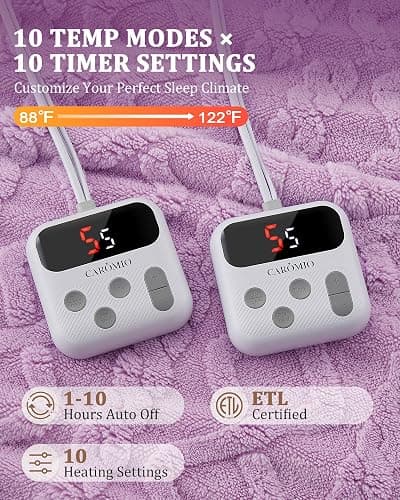 CAROMIO Electric Blanket Queen Size Dual Control - Thick Tufted Sherpa Heated Blanket with 10 Heating Levels and 10 Time Settings, ETL Certified Fast Heating Blanket Queen Size 84"×90", Purple thumbnail 3