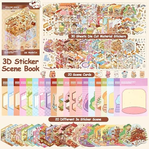 40 Sets DIY 3D Sticker Scene Collection Book Sticker Therapy, 3D House Stickers Set for Kids Adults Make Your Own Shop House Stickers, for Gifts Stress Relief Pass The Time, Cake Shop,Panda Tea Houses thumbnail 7