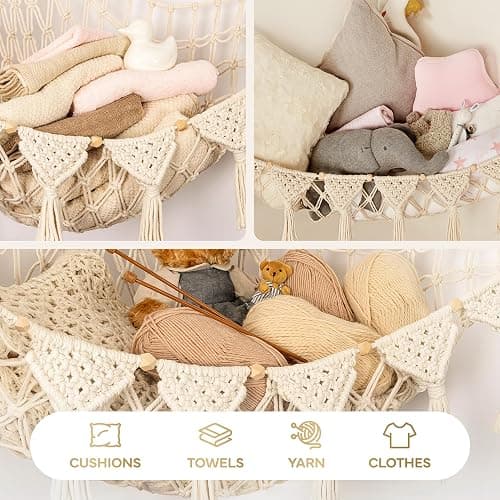 TIDYTEDS Stuffed Animal Hammock Corner | Sturdy Handcrafted Stuffed Animal Net | 4mm Double Macrame Cord Stuffed Animal Holder | Natural 100% Cotton Plushie Net | Toy Hammock w/LED Light (Ice Cream) thumbnail 6