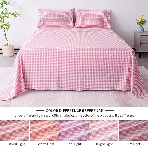 Cotton Checkered Queen Size Sheets Set 3 Piece, Pink Gingham Bed Sheet 100% Cotton Luxury, Breathable & Cooling Sheets Queen Size Bed Set Deep Pockets Upto 16" Pink & White Plaid Sheets - Checkered Pink - Queen thumbnail 2