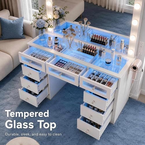 IFSEB Makeup Vanity Desk with Lights, White Vanity Glass Top, 36.9'' Mirror | 9 Drawers, 3 Color Bulbs, RGB Lighting, Charging Station, 10X Magnifying Mirror, Crystal Knobs, Hair Dryer Rack, Fir Wood thumbnail 5
