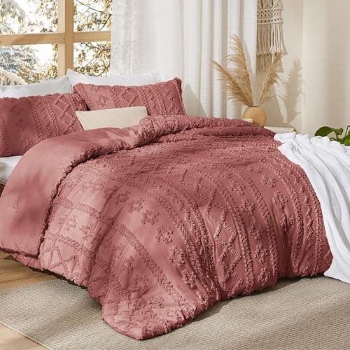 Bedsure Tufted Boho Comforter Set Queen Size - Grayish Pink Boho Bed Set, GentleSoft™ 3 Pieces Farmhouse Shabby Chic Embroidery Bedding, Gifts for Woman, Soft Jacquard Queen Comforter for All Seasons thumbnail 2