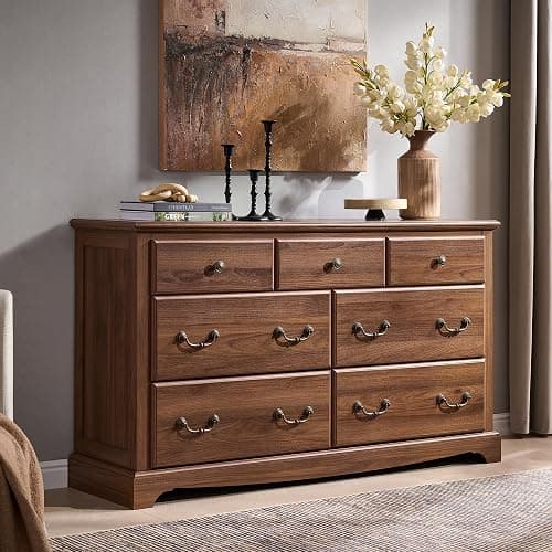 T4TREAM 54" Wide 7 Drawers Dresser Chests for Living Room, Light Walnut | Vintage handle Farmhouse Wood Storage Organizer Bedroom,Hallway - Image 1