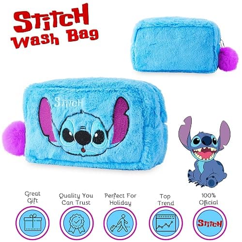 Disney Fluffy Stitch Makeup Bag for Girls, Teens, Cute Travel Toiletry Bag for Beauty Accessories, Zipped Make Up Cosmetics Storage, Gifts for Women (Blue Plush) thumbnail 4