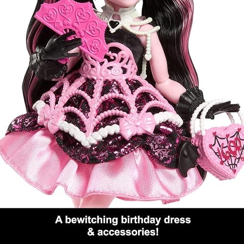 Monster High Scary Sweet Birthday Doll, Draculaura in Pink Party Dress with Themed Accessories Like Invite, Balloon, Gift, Fan and More thumbnail 4