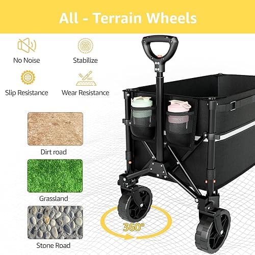 ROSONG Collapsible Wagon Cart with Wheels Foldable - Folding Utility Heavy Duty Wagons Carts for Grocery Sports Garden Shopping Camping - Black - 120L thumbnail 5