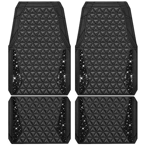 CAR PASS Bling Diamond Car Mats Rubber Floor Mats Full Set Anti-Slip 3D Rhombus Waterproof Trim to Fit Liner Universal Glitter Crystal Sparkly Shining Rhinestone Girl Women SUV Sedan, Black Diamond - Image 1