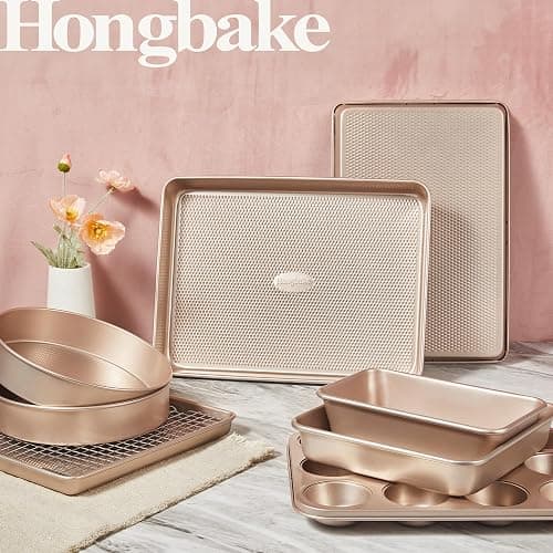 HONGBAKE 9-Piece Baking Pans Set Nonstick, Stackable Non Toxic Bakeware Sets with Diamond Texture, Oven Pan Set for Cooking, Includes Cookie Sheet with Rack, Cake Pan, Roasting Pan, Muffin Tin, Gold thumbnail 2