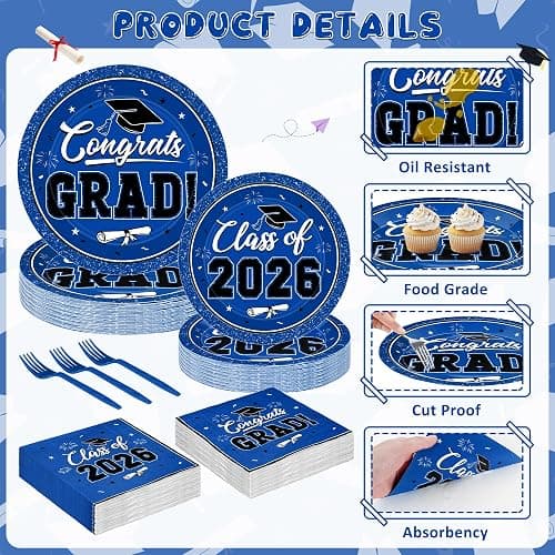 200Pcs Graduation Decorations 2026, Blue Graduation Plates and Napkins Party Supplies for 50 Guests, Disposable Grad Plates, Napkins, Dessert Plates and Forks for Grad Decor Wedding Birthday Supplies thumbnail 4