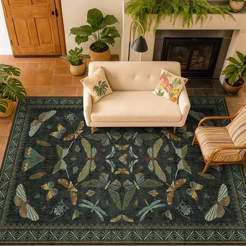 Dark Green Area Rugs 5x7 for Living Room - Fairy Fantasy Moss Rugs for Dining Room Table, Bedroom, Whimsical Insect Boho Moth Décor, Washable Non Skid Soft Carpet thumbnail 6