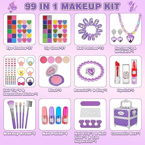 99 Pcs Kids Makeup Kit for Girls, Princess Toys Real Washable Cosmetics Set with Mirror, Hair Ties, Nails, Rings, Earrings, Necklace, Perfect for 3 4 5 6 7 8 Year Old Girls Birthday thumbnail 2